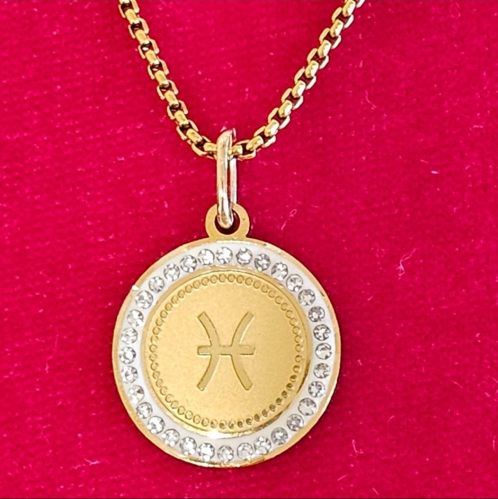 PISCES ZODIAC GOLD STAINLESS STEEL DIAMOND ZIRCON CZ NECKLACE☆NEW
